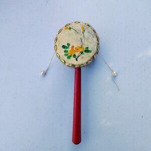 Vintage‎ Hand Rattle Drum Monkey Hand Painted Yellow Flowers Red Handle Works